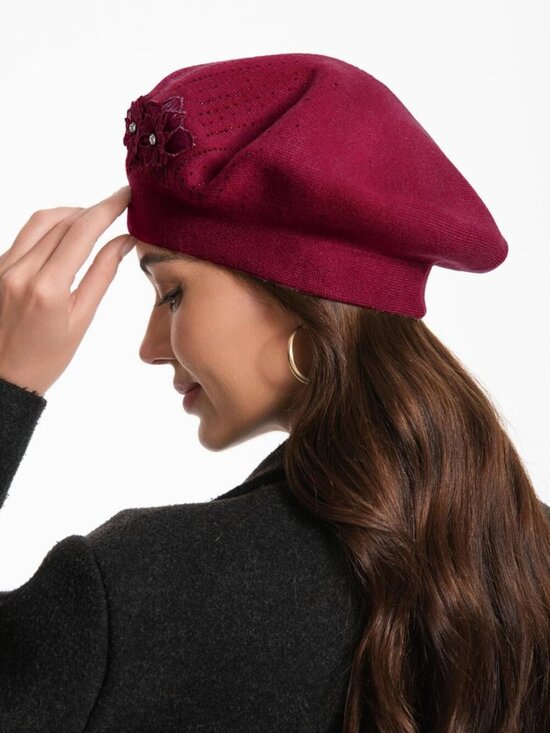 Women\'s French Style Flower Knitted Embroidery Beret Hats Wine Red main image 5